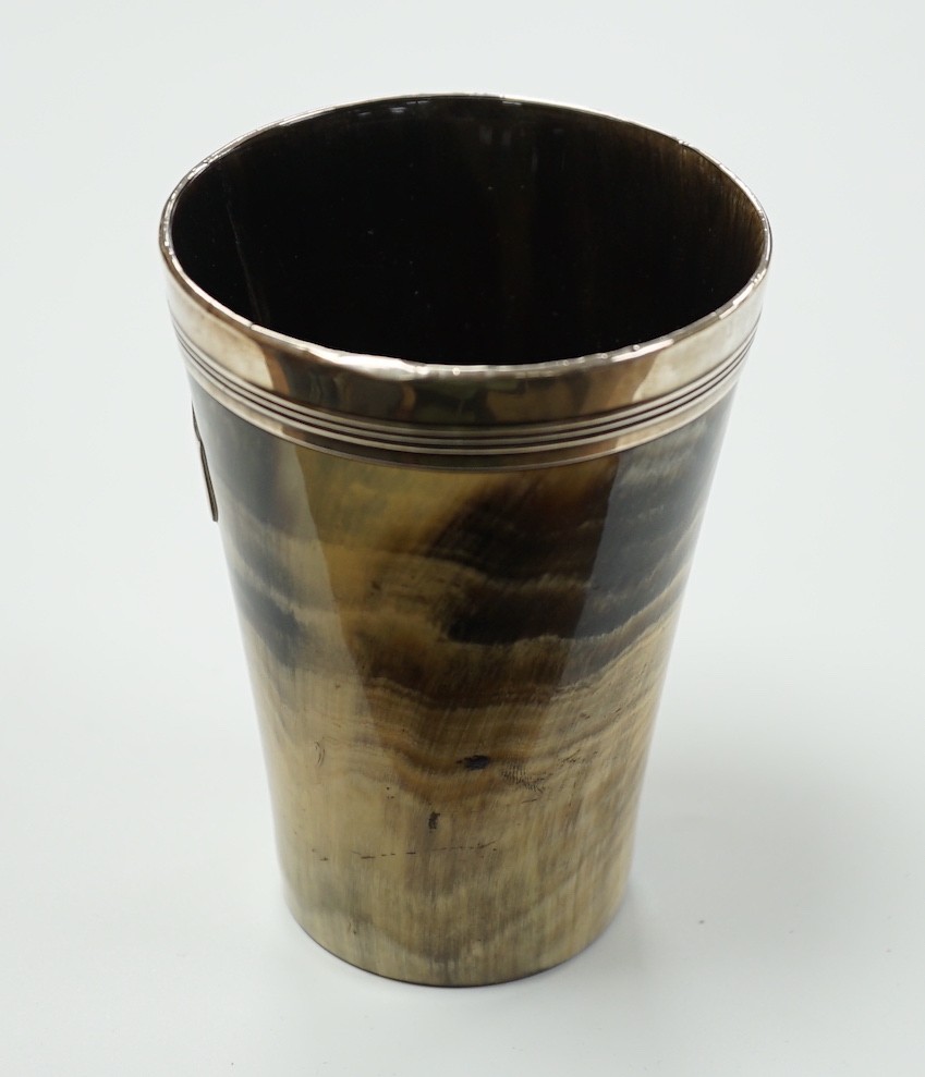A late Victorian silver mounted horn beaker, marks rubbed, height 10.7cm.